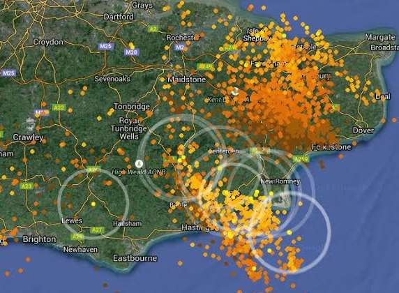 A map of lightning strikes over Kent on Thursday afternoon
