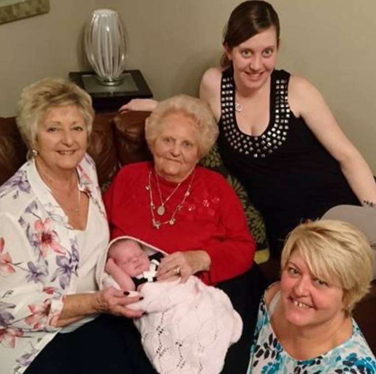 Five generations together, Joyce Dodd, 97, with newborn great great granddaughter Caoimhe Lawson-Peck, great granddaughter Amy Lawson-Peck, back, 28, granddaughter Julie Woodger, right, 53, and daughter Angela Bonell, left, 75