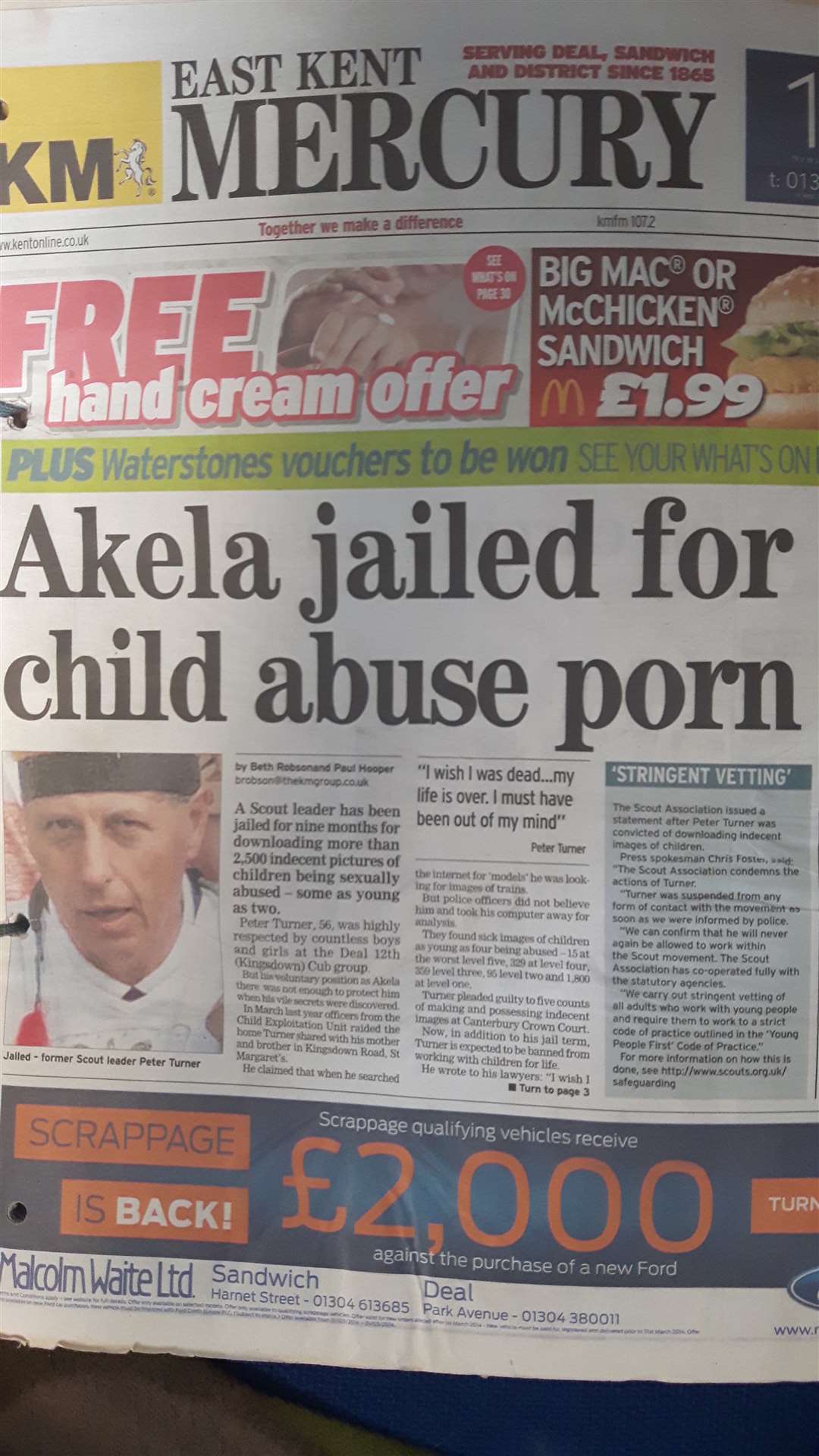The front page of the East Kent Mercury which exposed cubs leader Peter Turner as a pervert - it led to more victims coming forward, bringing him to justice