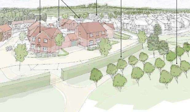A CGI illustration indicating where the new homes in Horsmonden are planned. Photo: Persimmon Homes/FPCR Environment and Design Ltd
