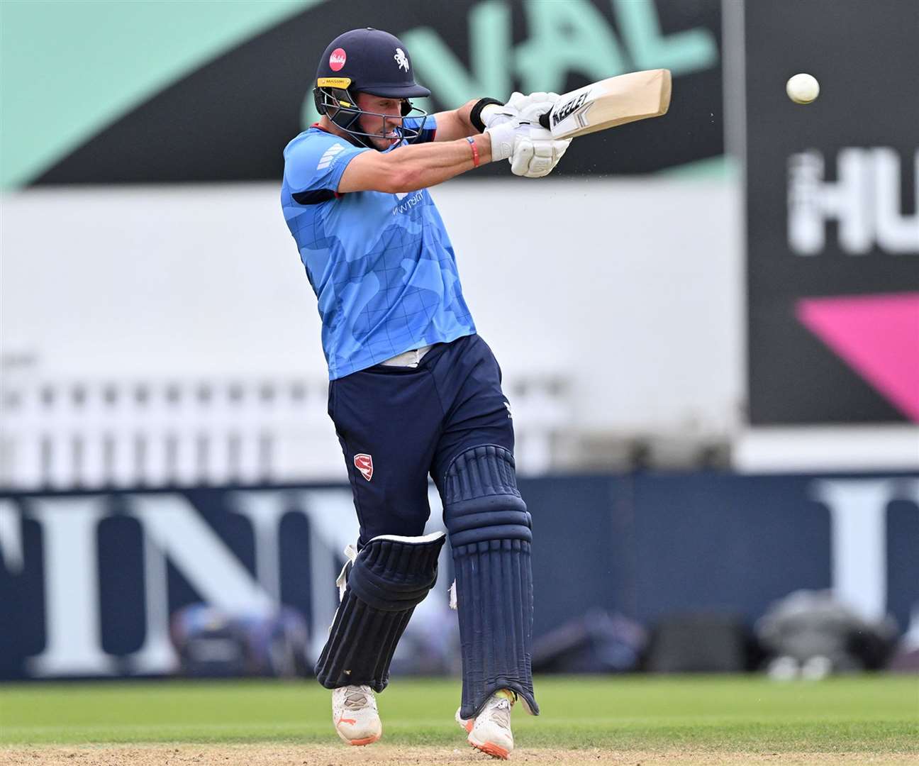 Harry Finch hooking the ball for Spitfires against Surrey at The Kia Oval in the 2023 summer. Picture: Keith Gillard