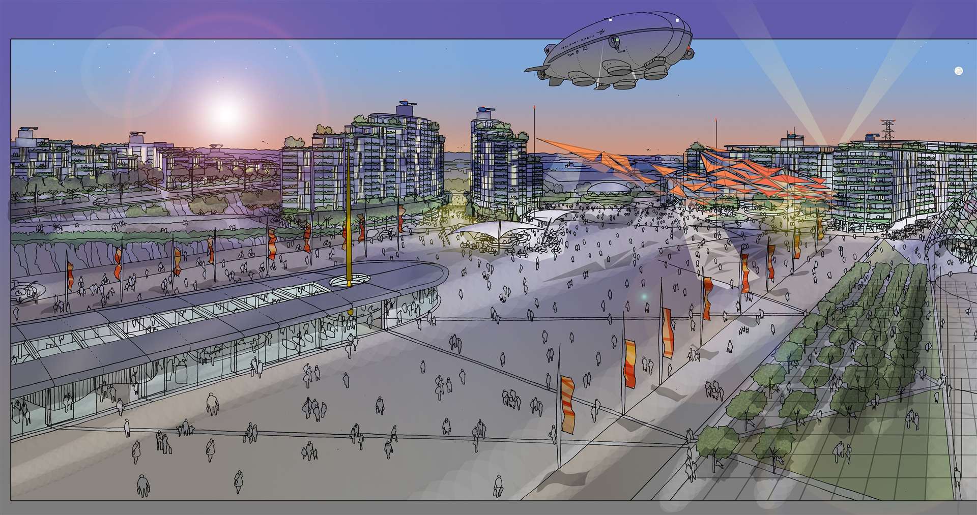 Artist impression of how the Arrival Plaza, hotels and market might look. Picture: The London Resort