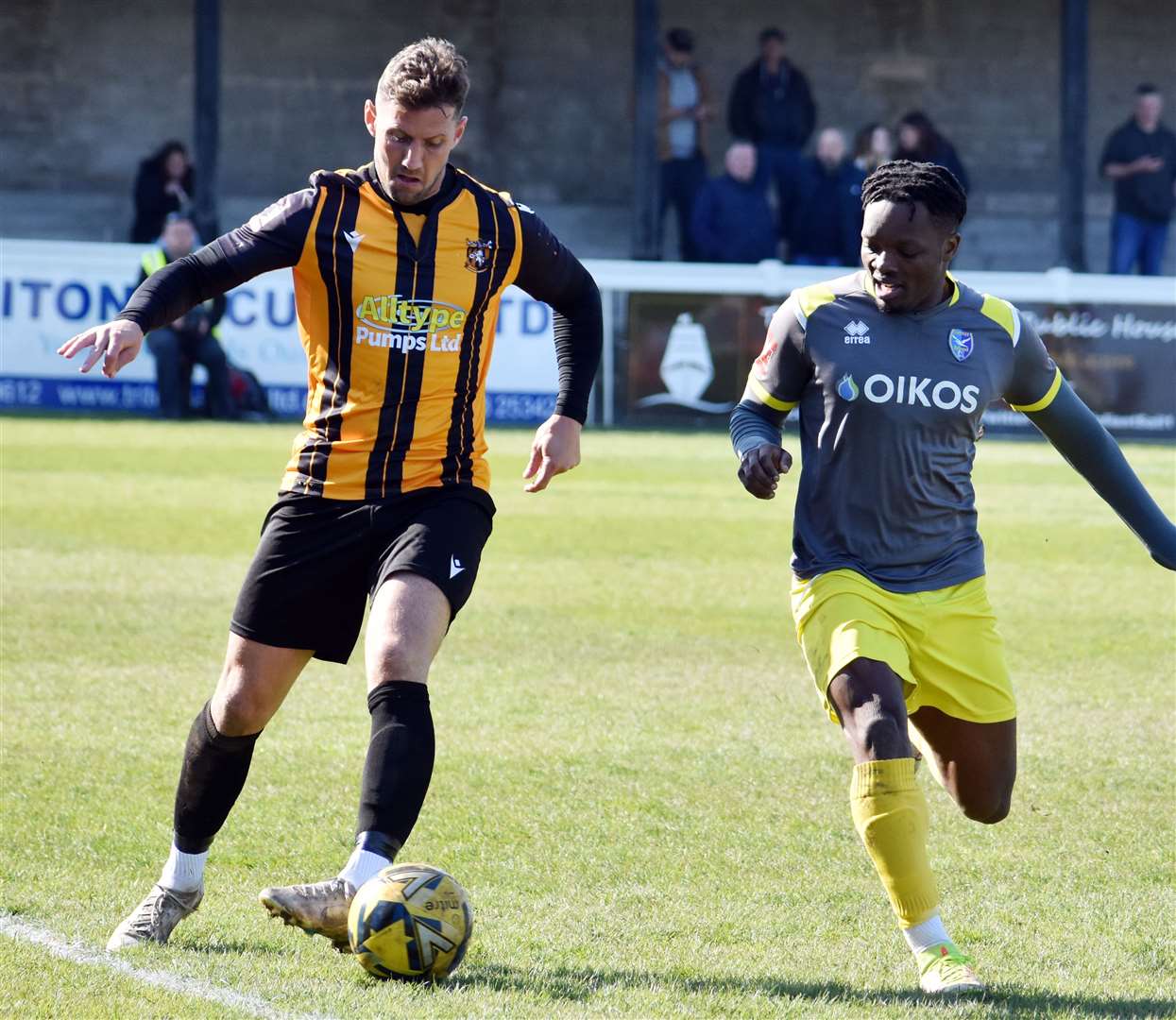 Folkestone's James Rogers on the ball in their weekend defeat to Canvey Island. Picture: Randolph File
