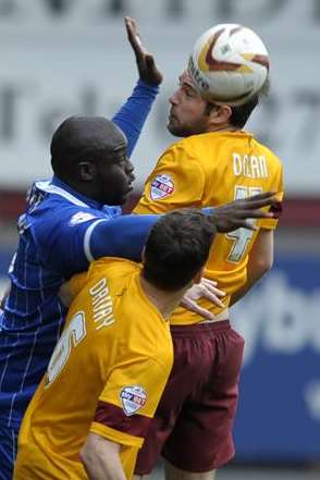 Adebayo Akinfenwa makes his presence known as a second-half substitute at Bradford Picture: Barry Goodwin
