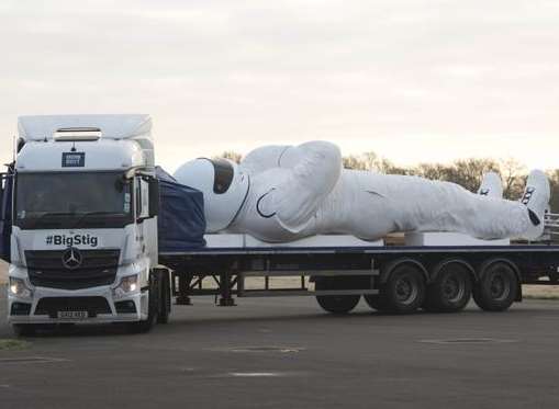 Big Stig on his journey on a flatbed lorry