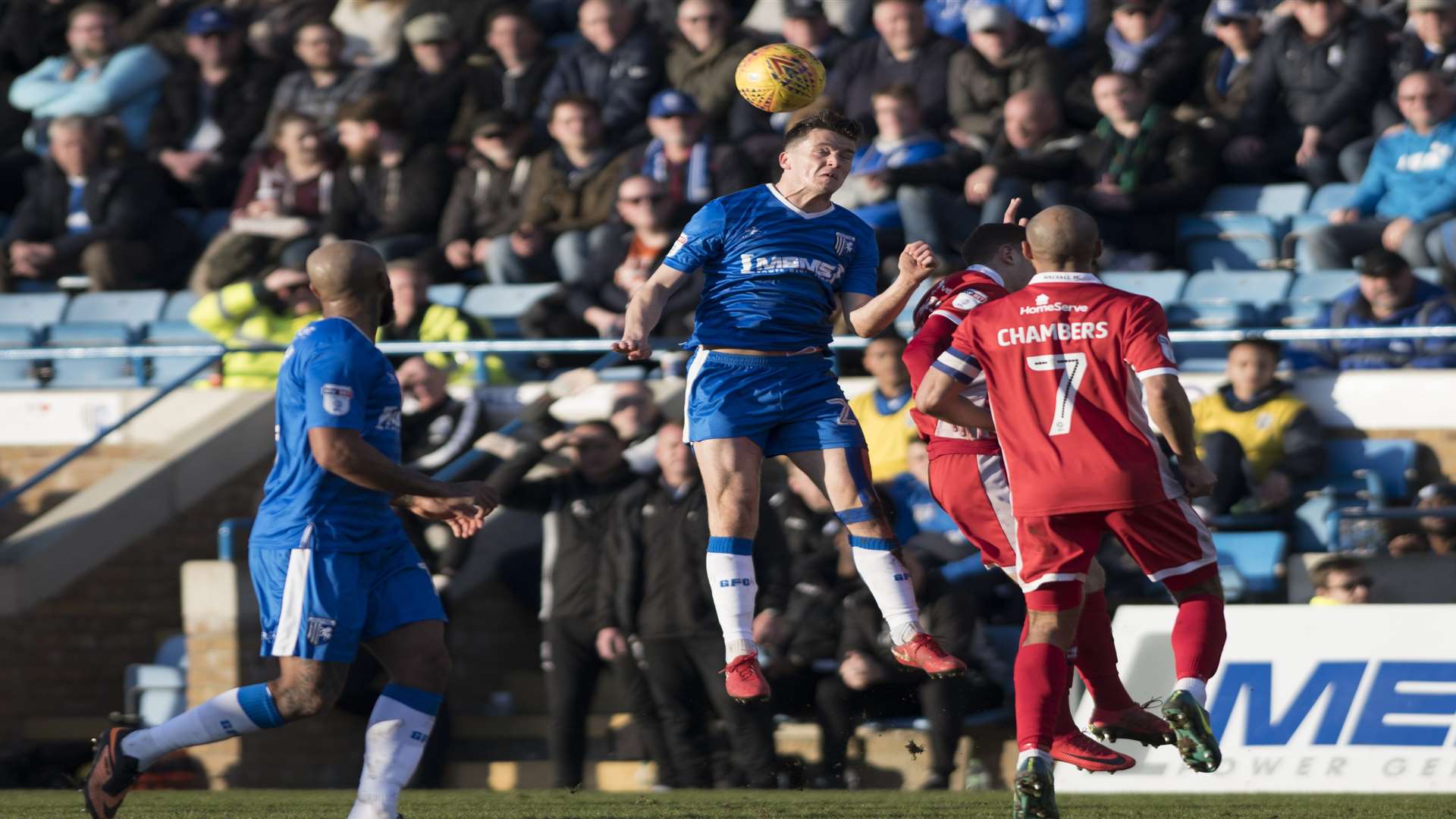 Callum Reilly wins a header for Gillingham Picture: Andy Payton