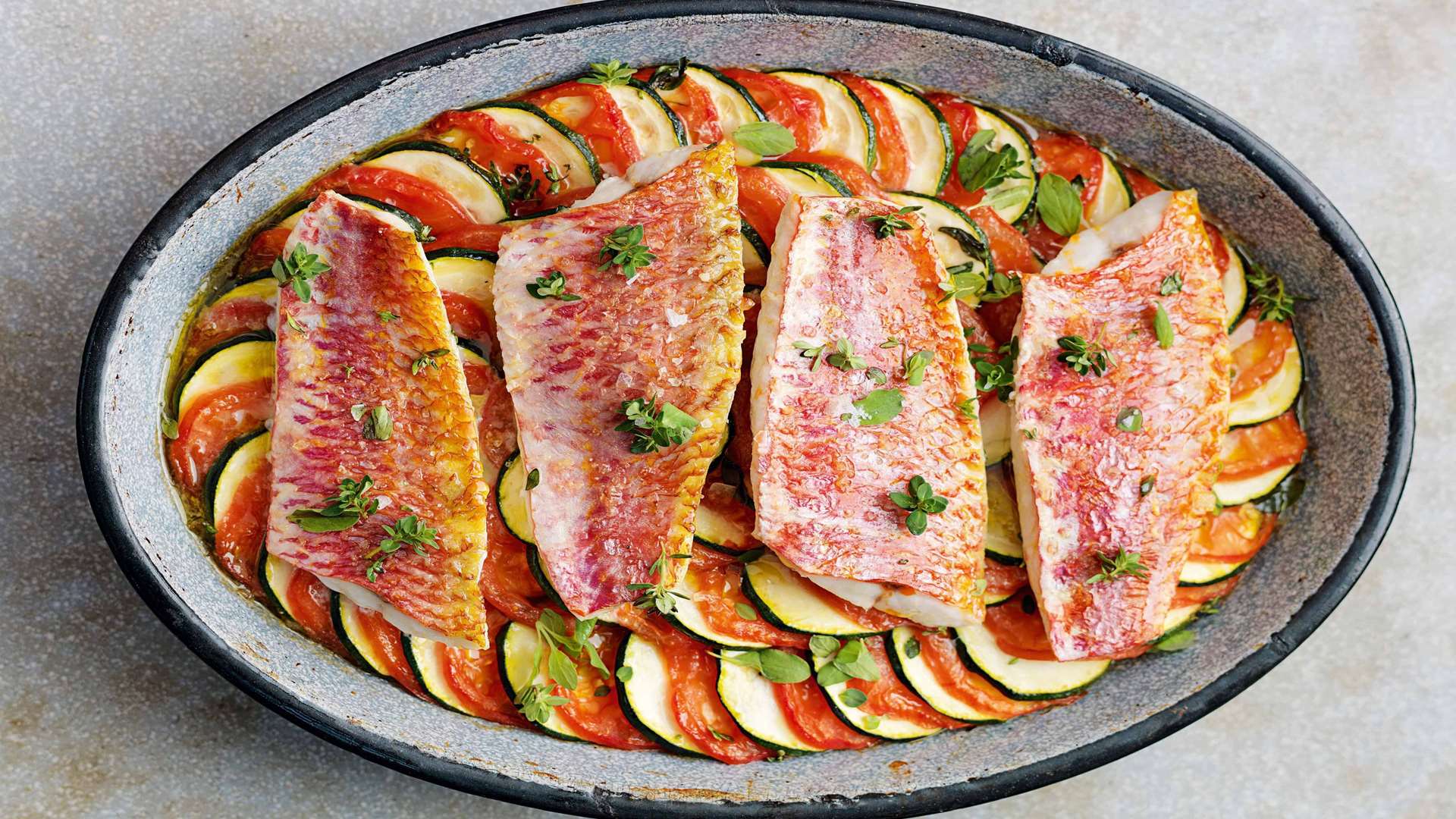Red mullet on baked provencial vegtables from Tom Kerridge's Best Ever Dishes
