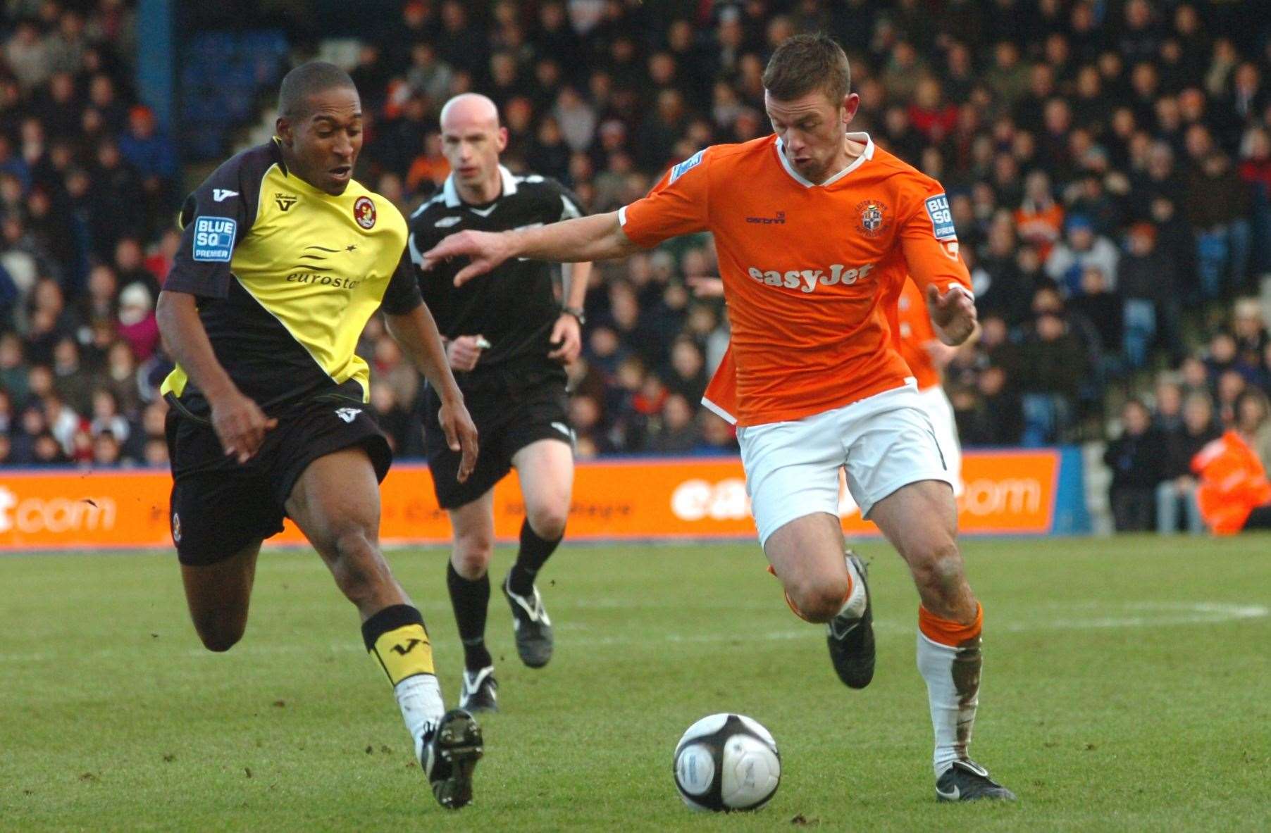 Ebbsfleet’s Ricky Shakes closes down Luton at Kenilworth Road during their 3-2 win in January 2010. Picture: Joanna Cross/The Luton News