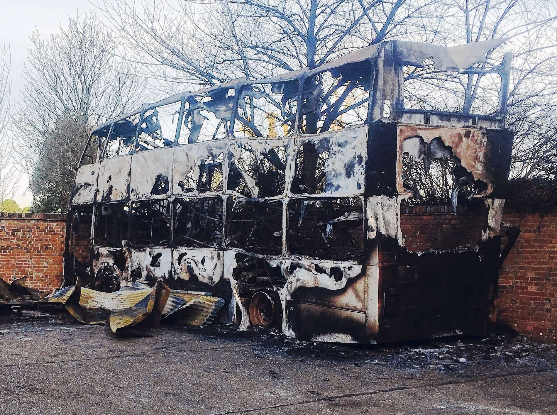 The gutted double decker bus on Tenterden's Morghew Park estate