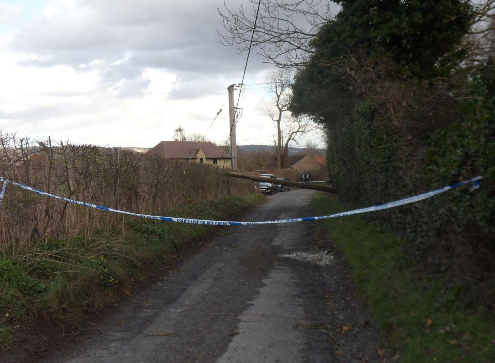 A telegraph pole is blocking the road. Picture: Neil Vinall