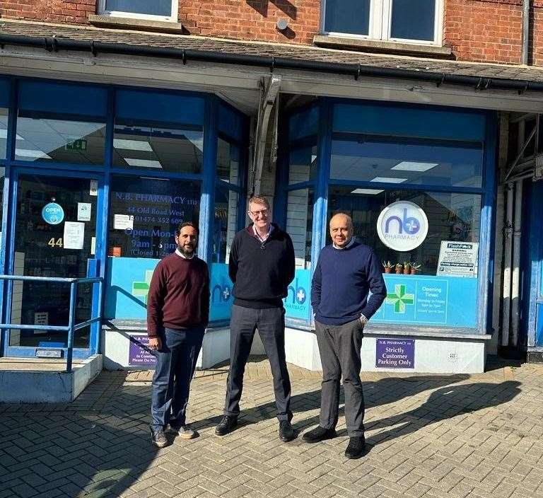 From left: Venkat Adama with Mark Page & Nirmal Bajaria outside N.B. Pharmacy in Gravesend, Kent. (Picture, Christie & Co)