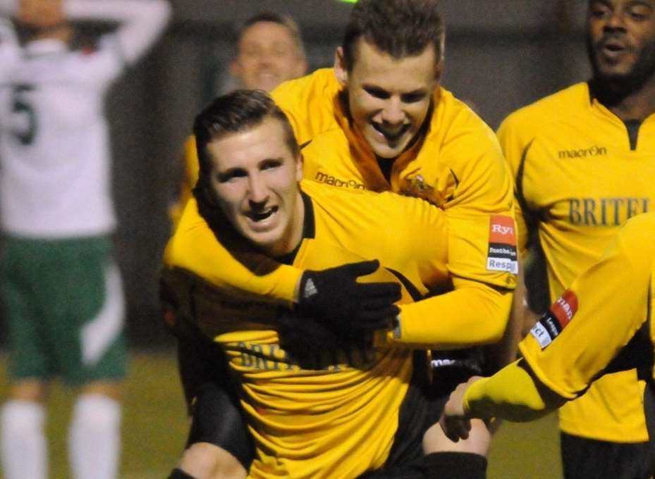 Tom Phipp celebrates a goal during his loan spell at Maidstone Picture: Steve Terrell