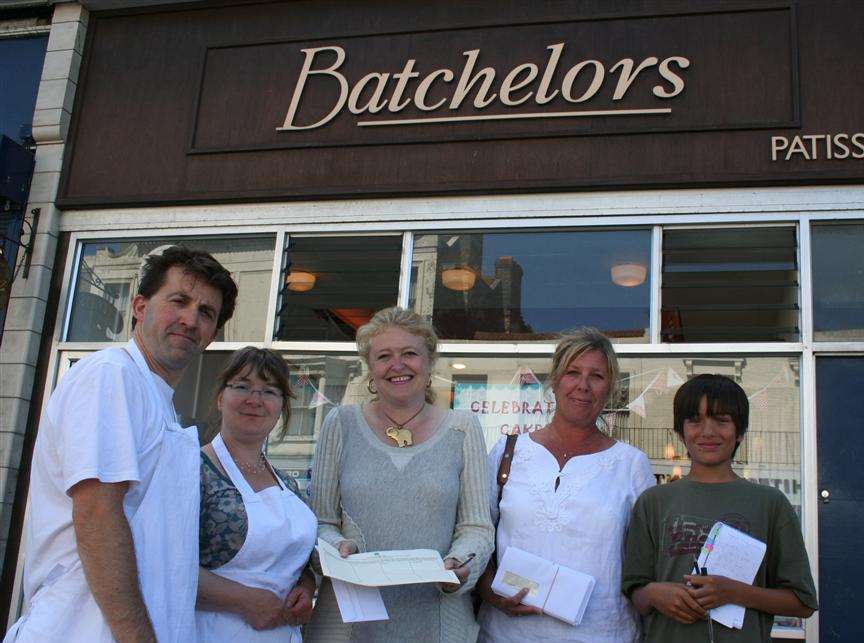 South Thanet MP Laura Sandys (left) and Thanet councillor Julie Marson start distributing petitions in Cliftonville West to Richard Veitch and wife Claire Musselwhite-Veitch, of Batchelors patisserie in Northdown Road.