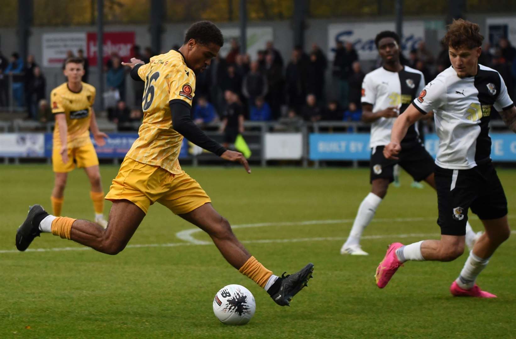 Maidstone’s Liam Sole in action during their FA Trophy win at Dartford on Saturday. Picture: Steve Terrell