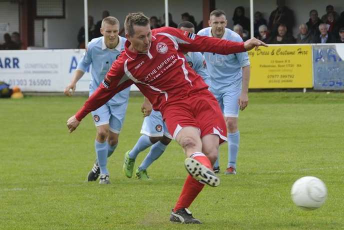 Shaun Welford scores against Walton Casuals in Scott Porter's final game in charge of Hythe Town