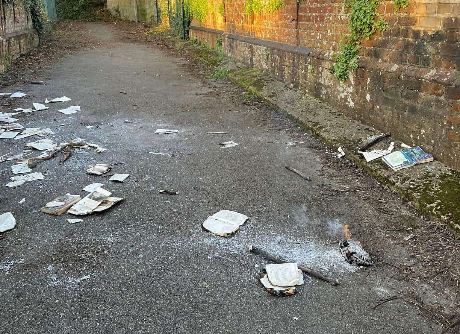 Burnt books scattered across the railway bridge in River, near Dover