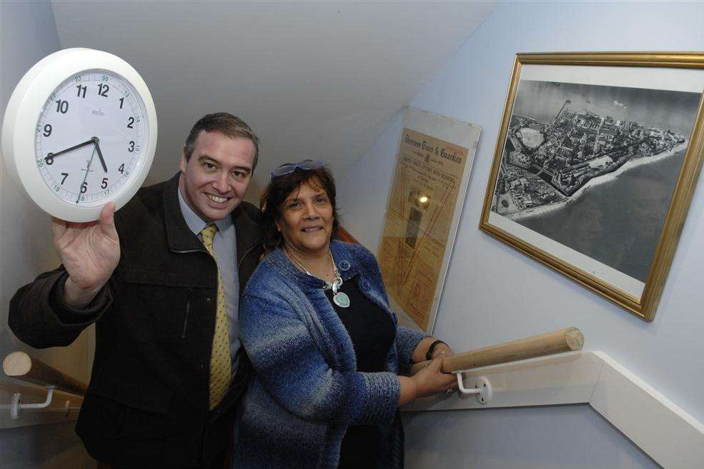Sheerness Times Guardian Editor Matt Ramsden and centre founder Jenny Hurkett open the new time line display at the Blue Town Heritage Centre.