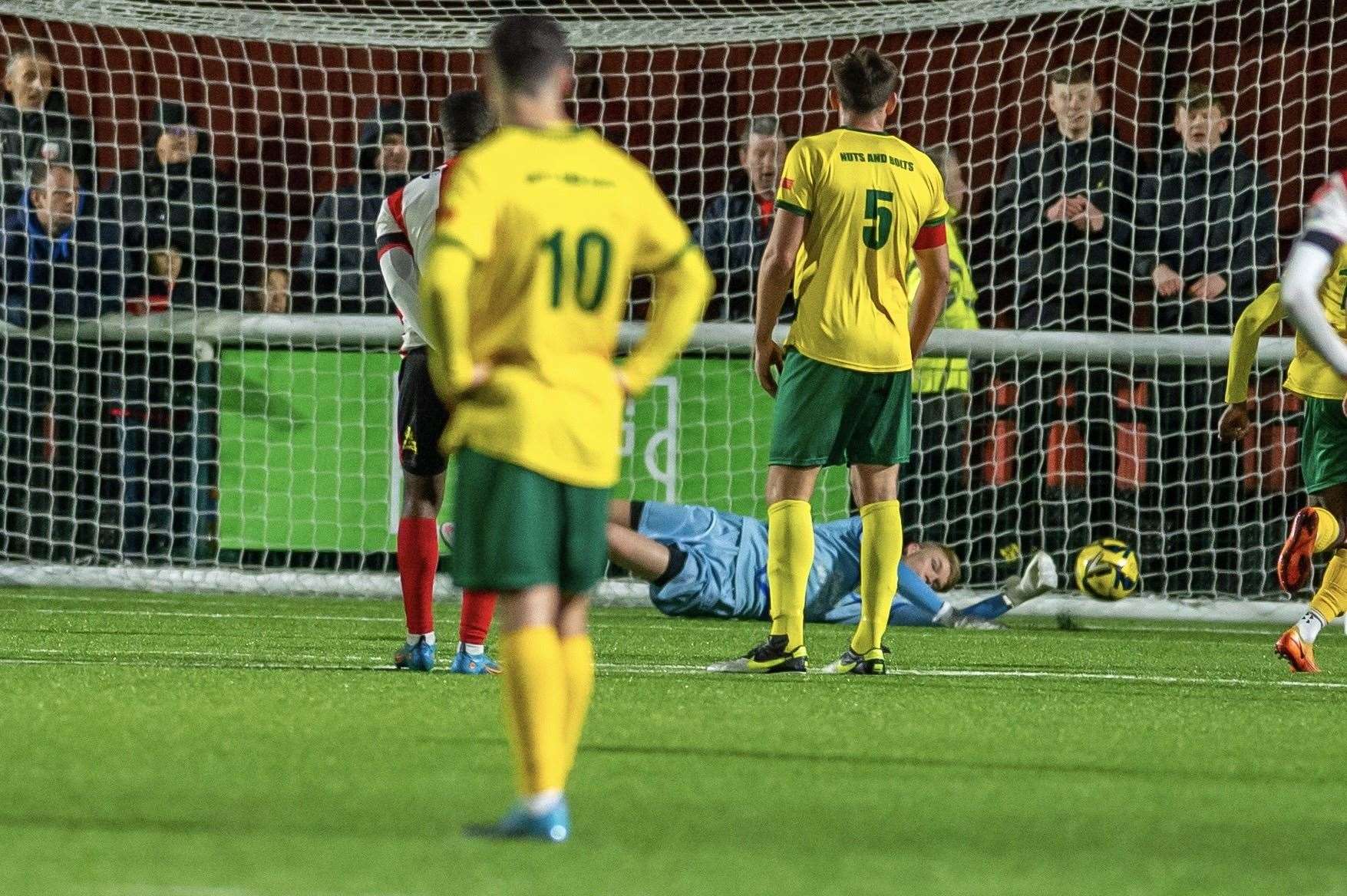 Jacob Russell saves Sheppey's late penalty. Picture: Ian Scammell