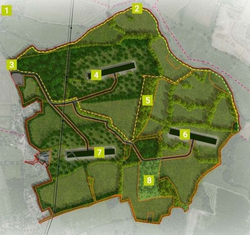 The proposal: 1) Hunton Road. 2) River Beult. 3) Vehicular access. 4) Hen house 1 and range area. 5) Existing woodland with 5m buffer. 6) Hen house 2 and free range area. 7) Hen house 3 and free range area. 8). Existing woodland with 5m buffer