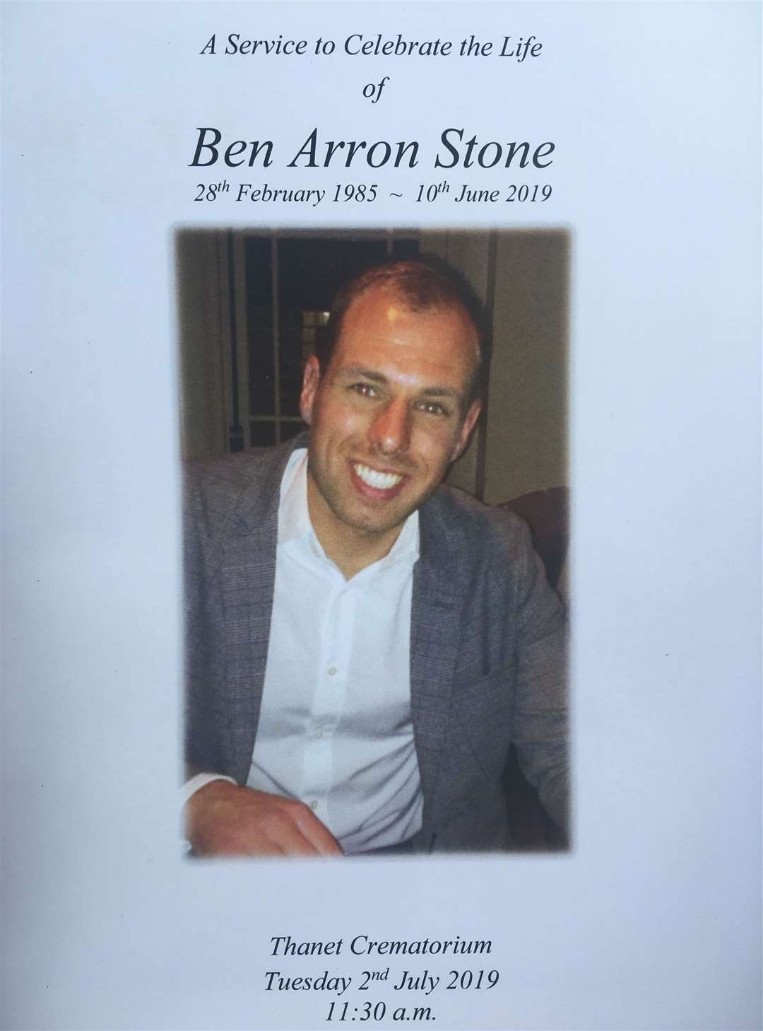 The funeral for Ben Stone was held at Thanet Crematorium, Margate