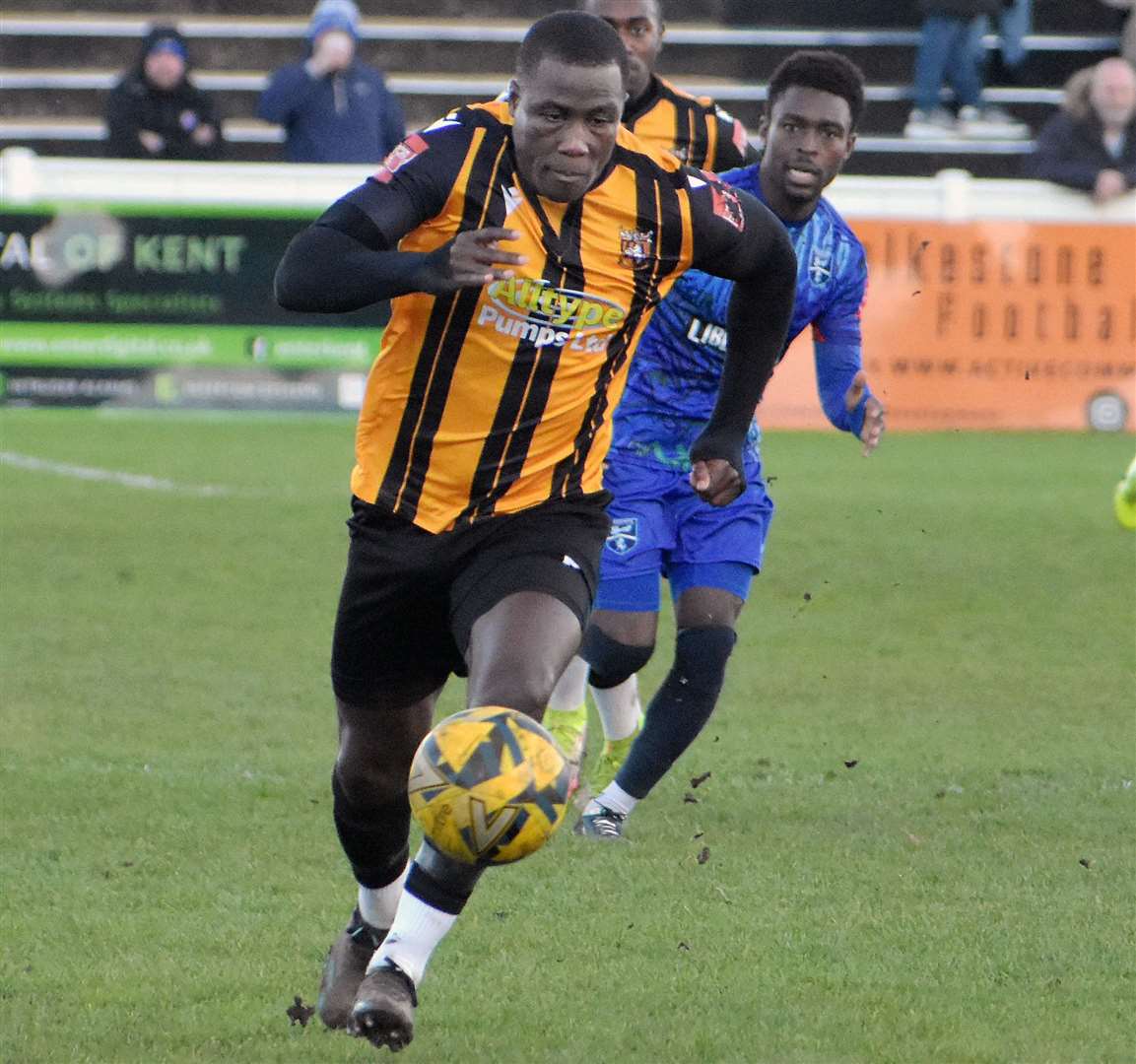 Folkestone's Ade Yusuff goes on the attack in their 4-0 derby success over Margate. Picture: Randolph File