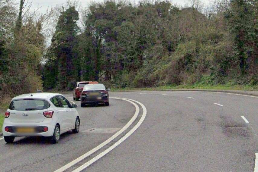 The pothole on the A260 as seen on Google Street View in April 2023. Picture: Google