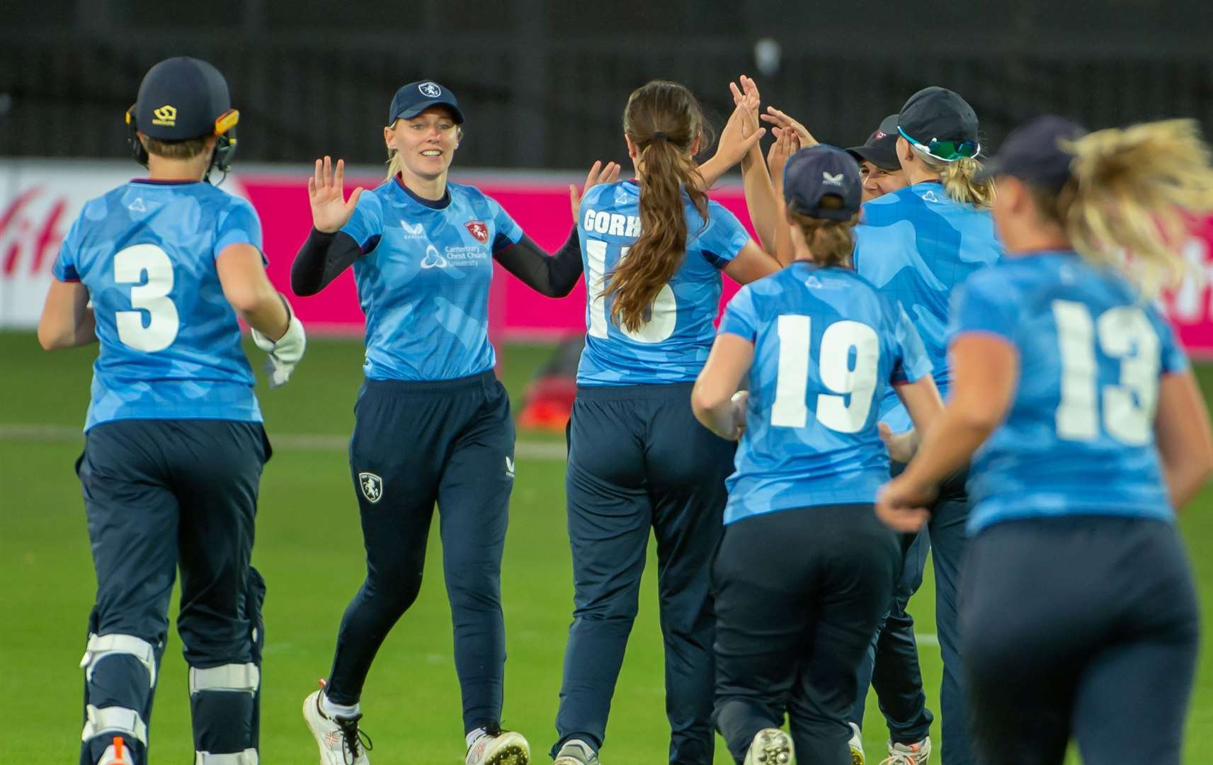 Kent Women celebrates a wicket at Canterbury’s Spitfire Ground. Picture: Kent Cricket / Ian Scammell