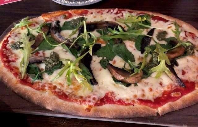 Looking good, this is a naturist pizza – grilled mushroom, spinach and rocket drizzled with almond pesto. Pretty much anyone can eat one of these – vegans, Sheese lovers and NGCI (non-gluten I think)