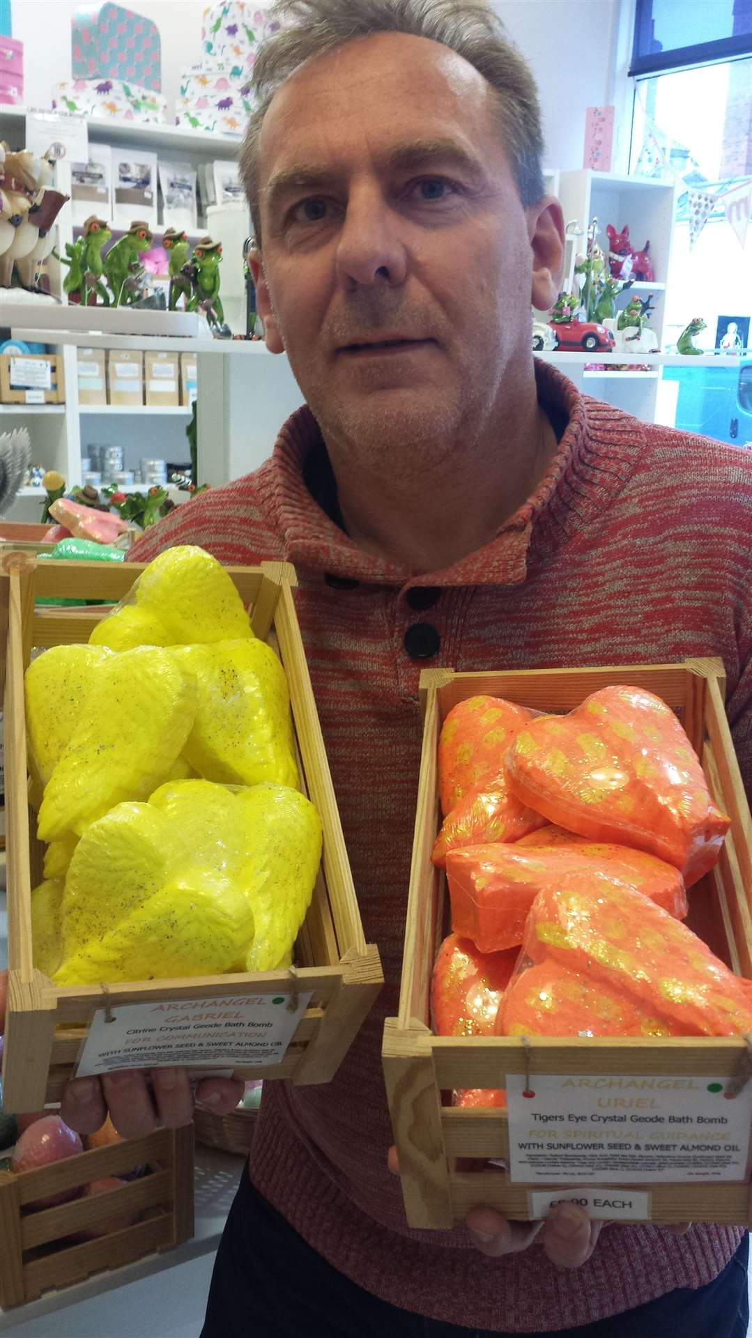 Owner of Bonne Bombe Michael Wood with the £5 bath bombs he is offering as part of the Fiver Fest scheme
