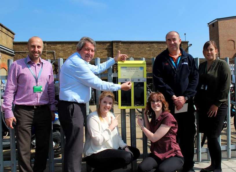 Environment response manager Alister Andrews, MP Gordon Henderson with Litter Angels Secretary Samantha Williams, Mr Henderson's constituency office manager Jess McMahon, environment warden Jeff Payne and environmental projects officer Vikki Sedgwick unveiling the borough's first Butt Ballot Bins