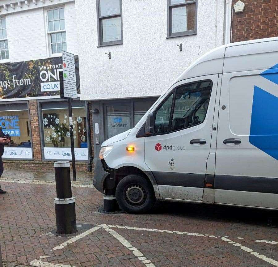 A DPD delivery van was damaged after catching the anti-terror bollards in Canterbury