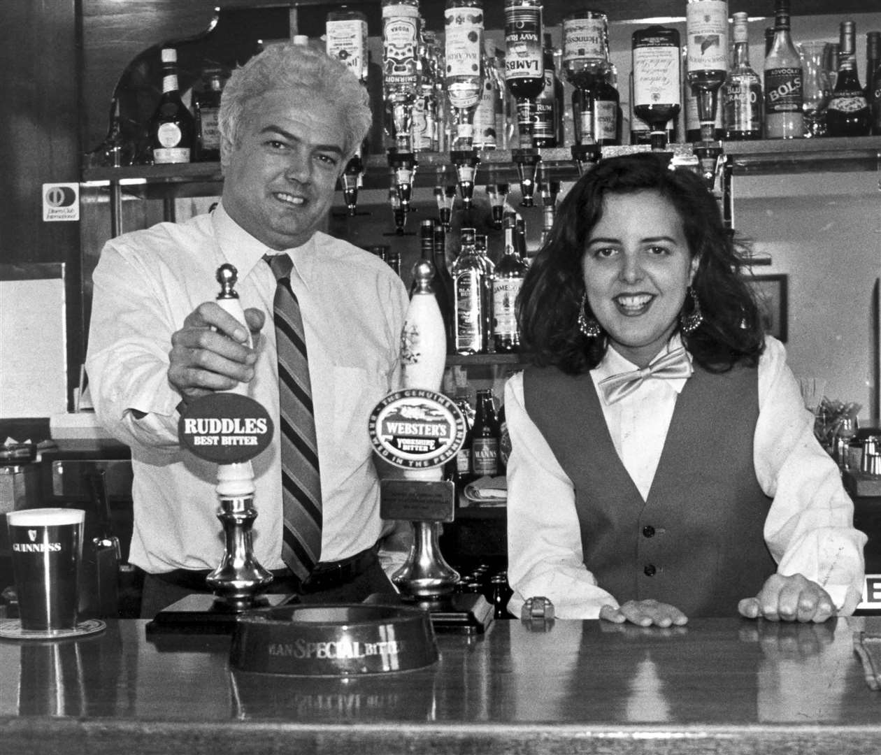 Behind the bar at the Three Daws in 1988