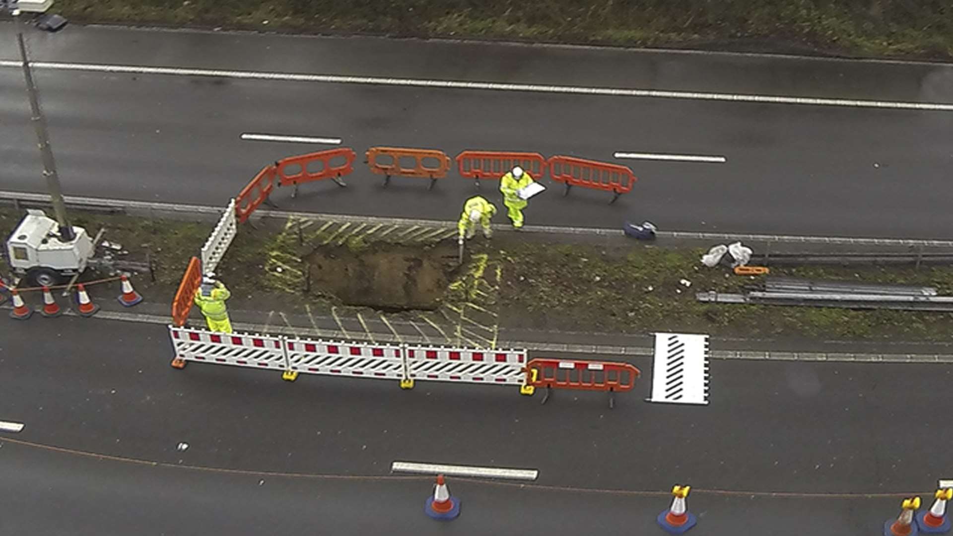 This sinkhole caused days of traffic misery after it emerged on the M2 near Faversham. Picture: Simon Burchett