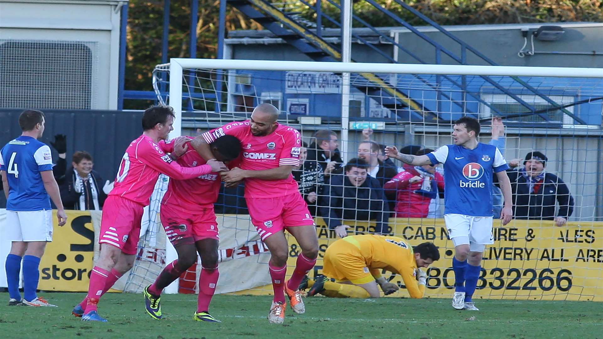 Dover celebrate their equalising goal against Eastleigh in the FA Trophy. Picture: Paul Collins