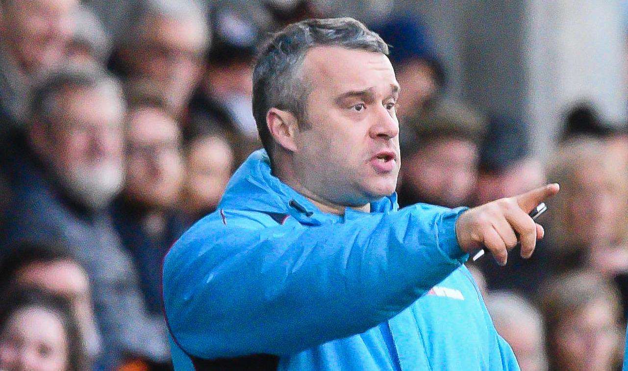 Dartford joint-manager Adam Flanagan makes his point on the sidelines. Picture: Alan Langley