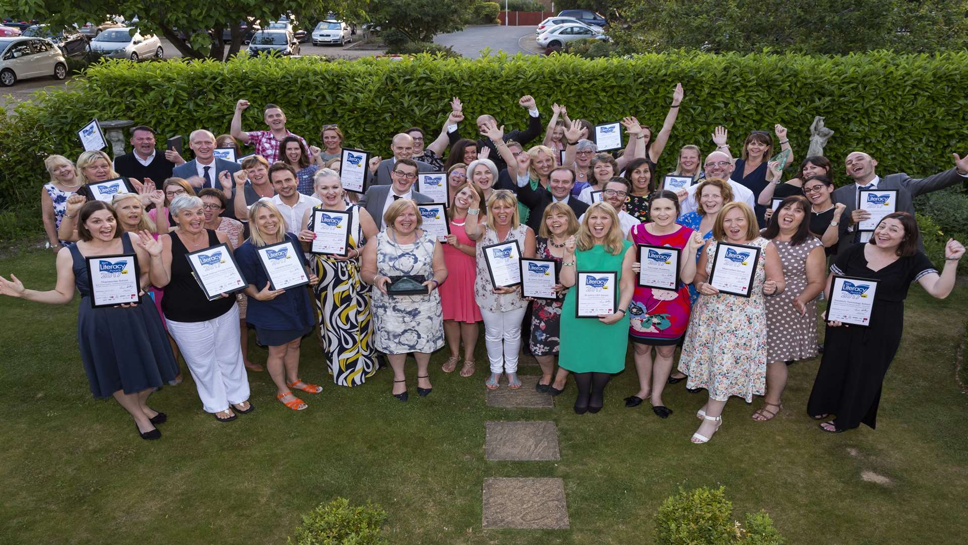 Winners and sponsors of the Kent Literacy Awards 2017 are joined by Phil Gallagher, star of CBeebies' Mister Maker television programme, at Hempstead House Hotel, Sittingbourne.