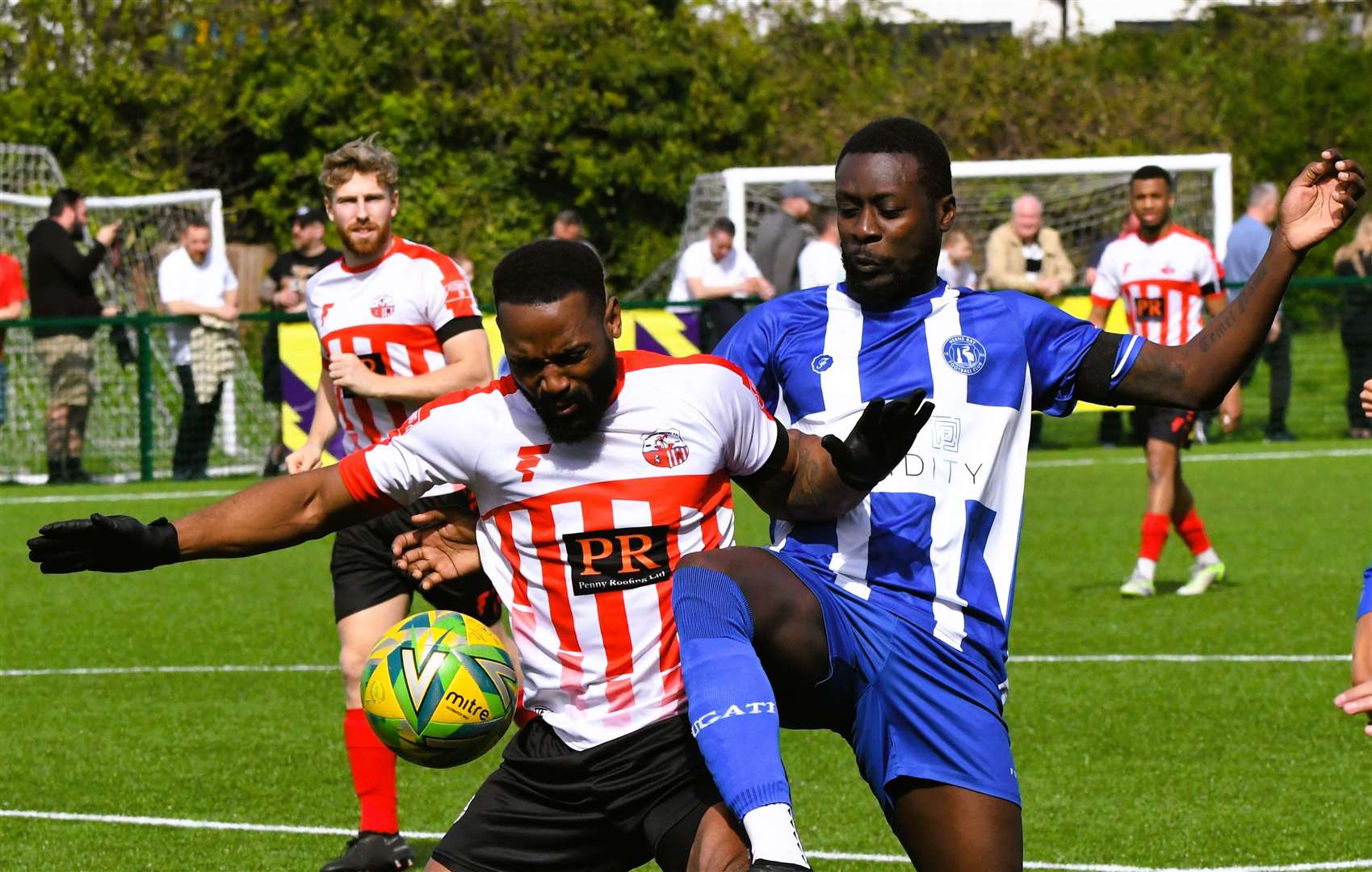 Bola Dawodu, right, returned to midfield action for Herne Bay but Sheppey United edged Saturday’s derby 2-1 in Isthmian South East. Picture: Marc Richards