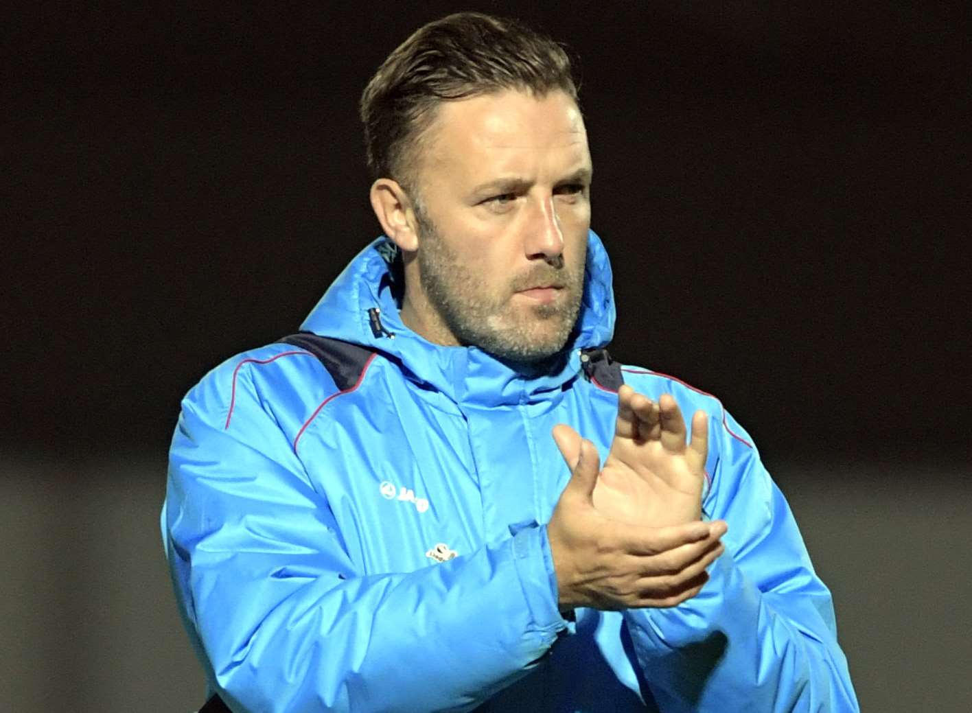 Maidstone boss Jay Saunders thanks the travelling fans at Rochdale Picture: Barry Goodwin