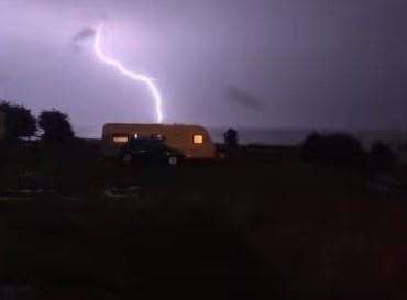 Lightning looks to 'strike' a caravan at Warden Springs in August, in a storm which killed two horses. Picture: Eleanor Chamberlain