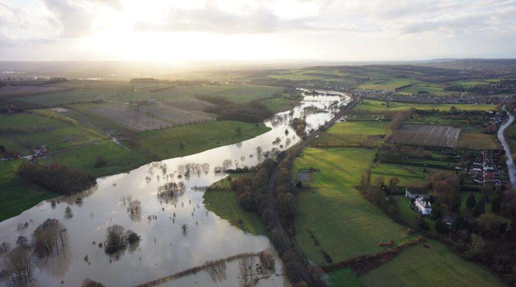 A swollen River Medway. Picture courtesy of SkyFlyVideo
