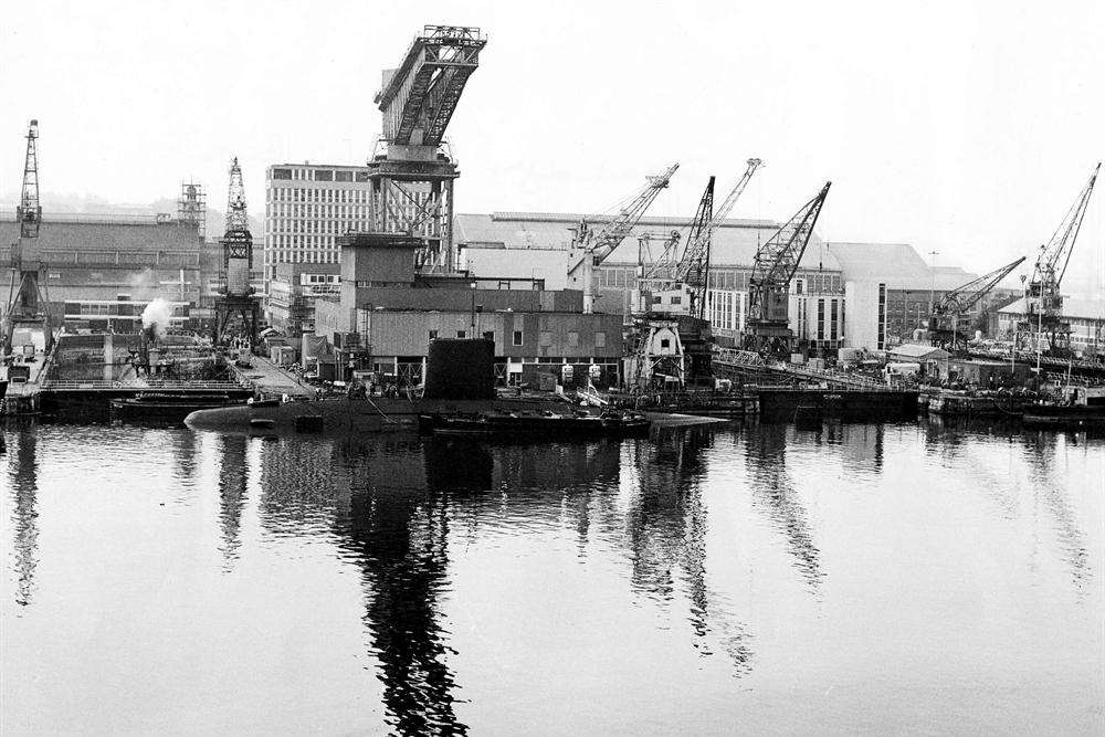 HMS Dreadnought and HMS Warspite at the Nuclear Refitting Complex at Chatham Dockyard in 1979
