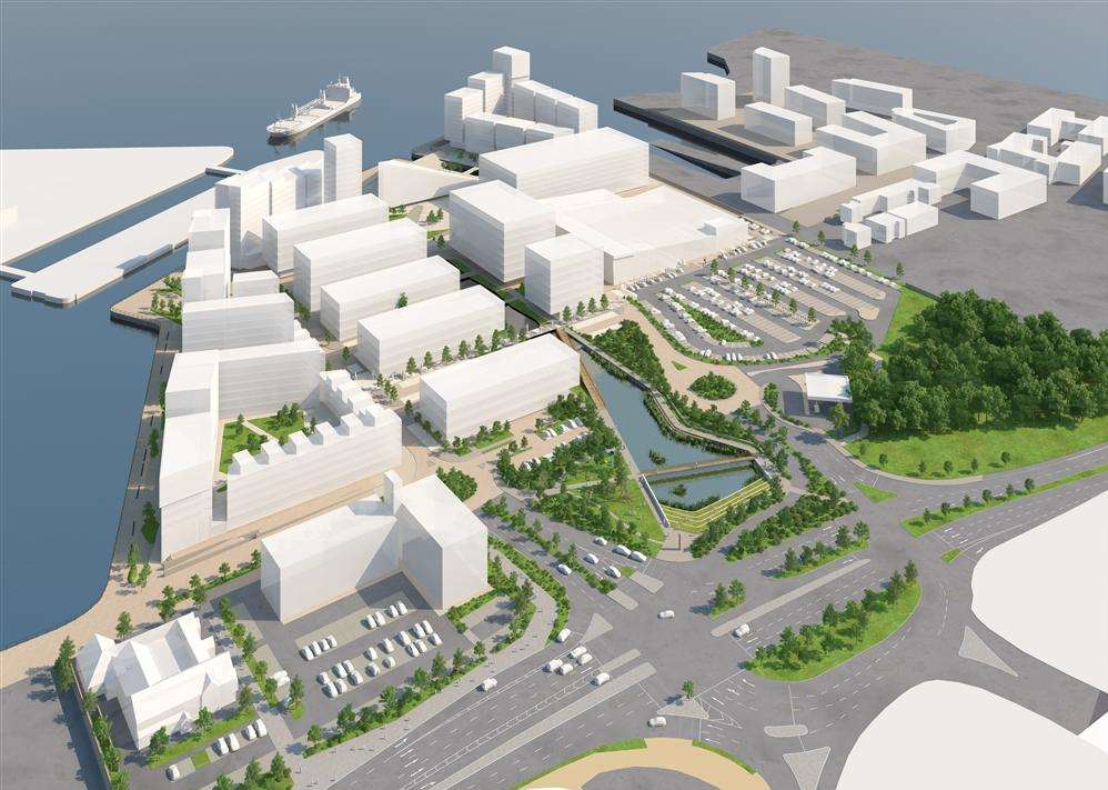 An artist's impression of the first phase of Chatham Docks, which included a supermarket, petrol station, pub and park