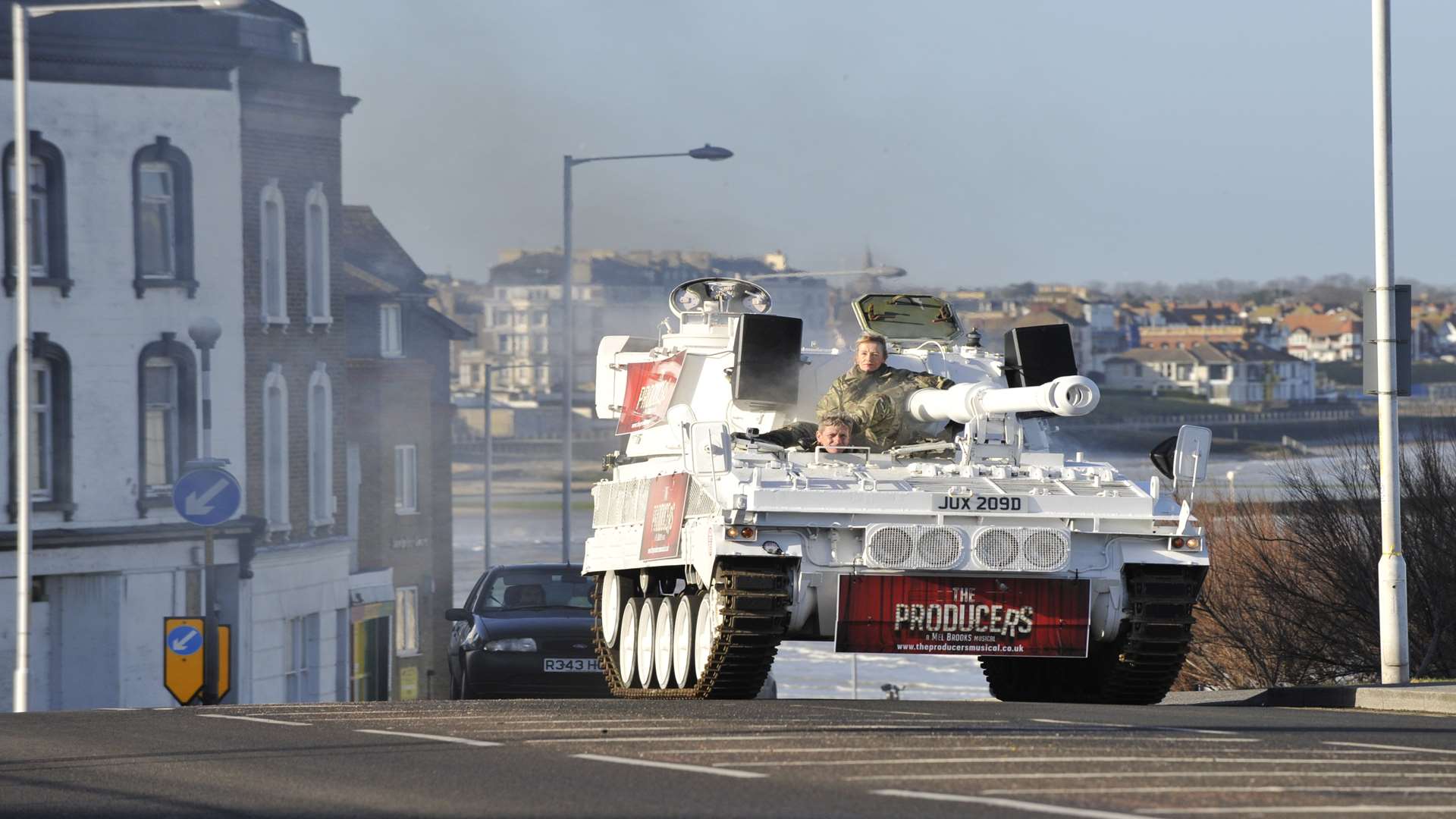 The tank on its way to the Winter Gardens in Margate during the party's conference in February