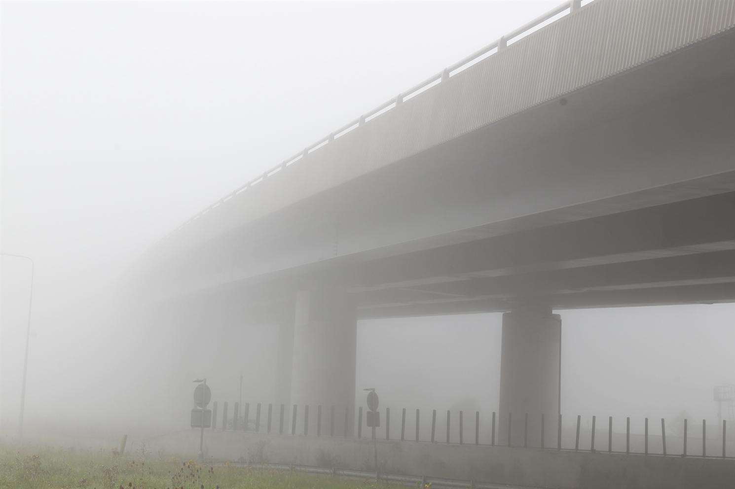 The Sheppey Crossing in thick fog. Library image