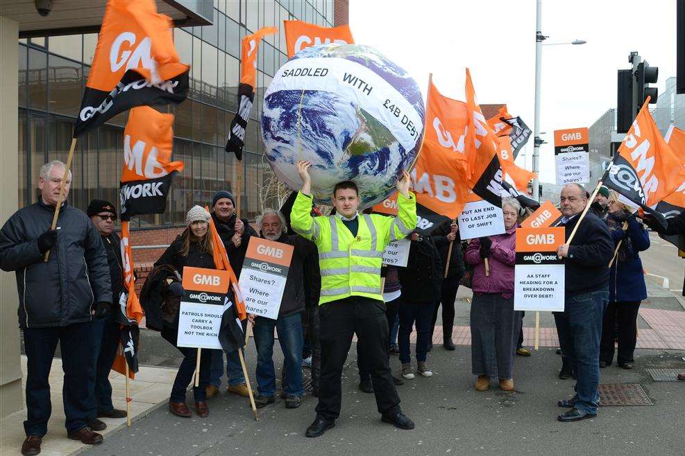 GMB Union representing AA staff protesting outside the Saga offices in Folkestone town centre