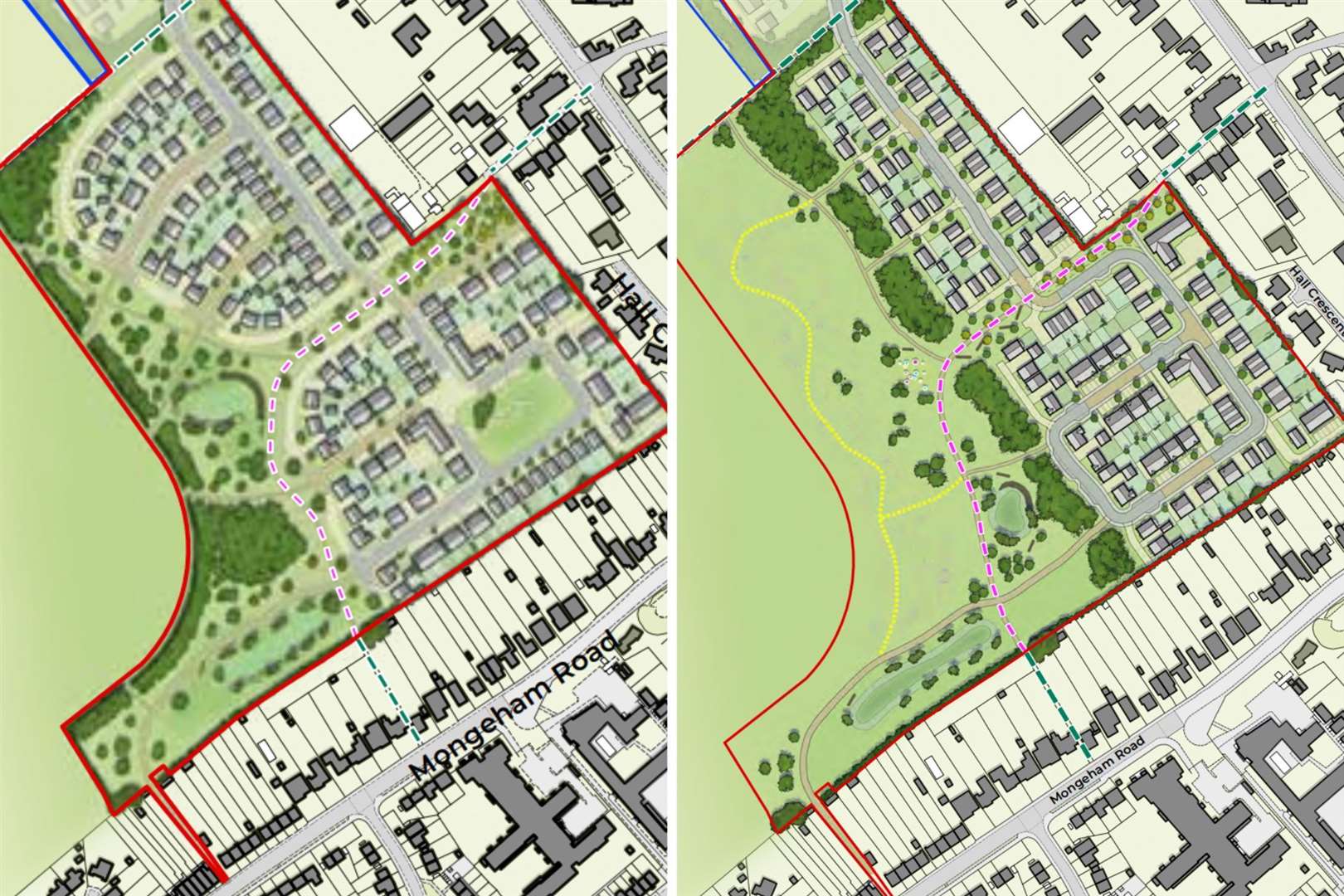 The old, 155-home plans (left) compared with the renewed plans (right). Picture: Richborough Estates