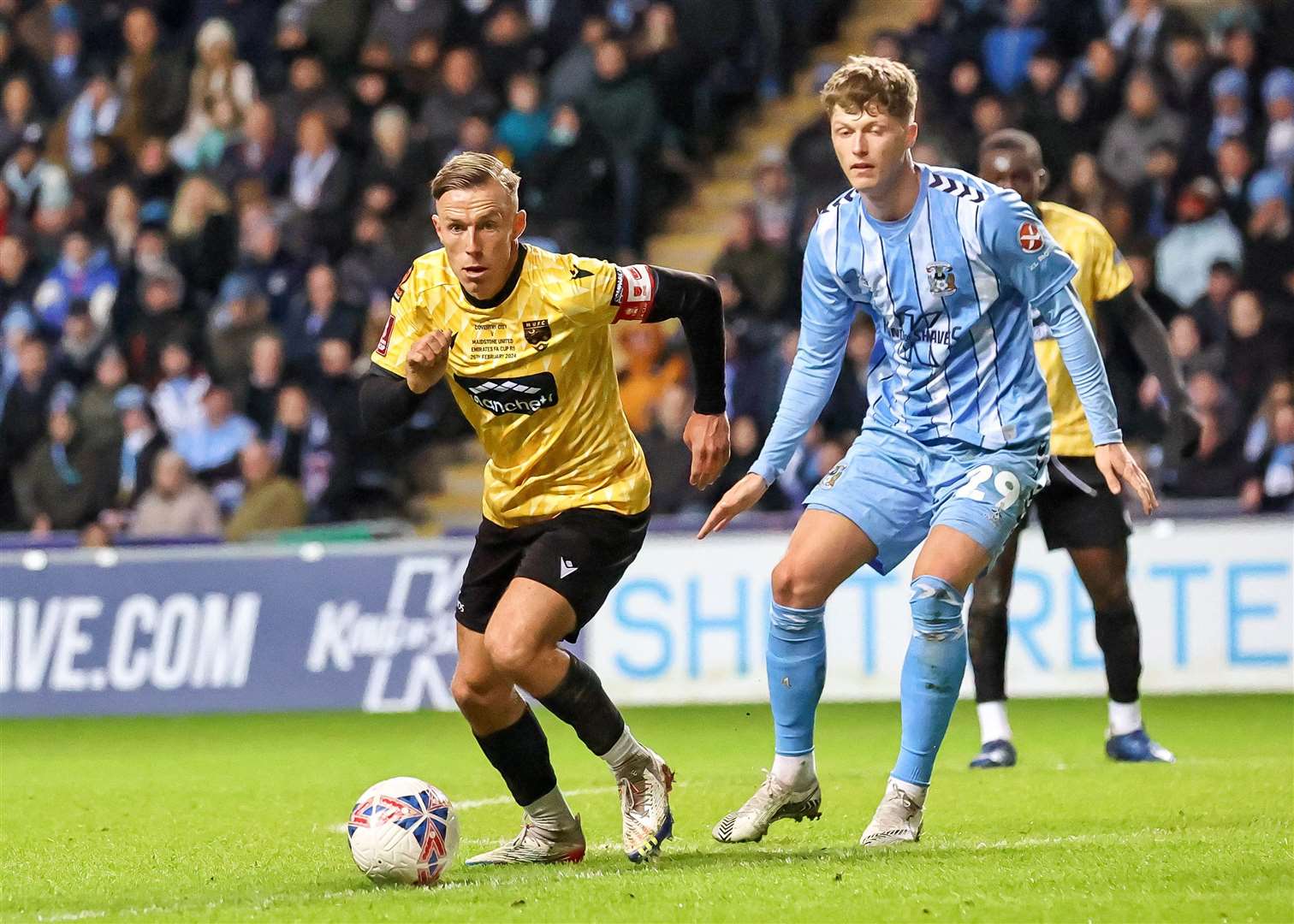 Stones skipper Sam Corne in action for Maidstone at Coventry in the fifth round of the FA Cup. Picture: Helen Cooper