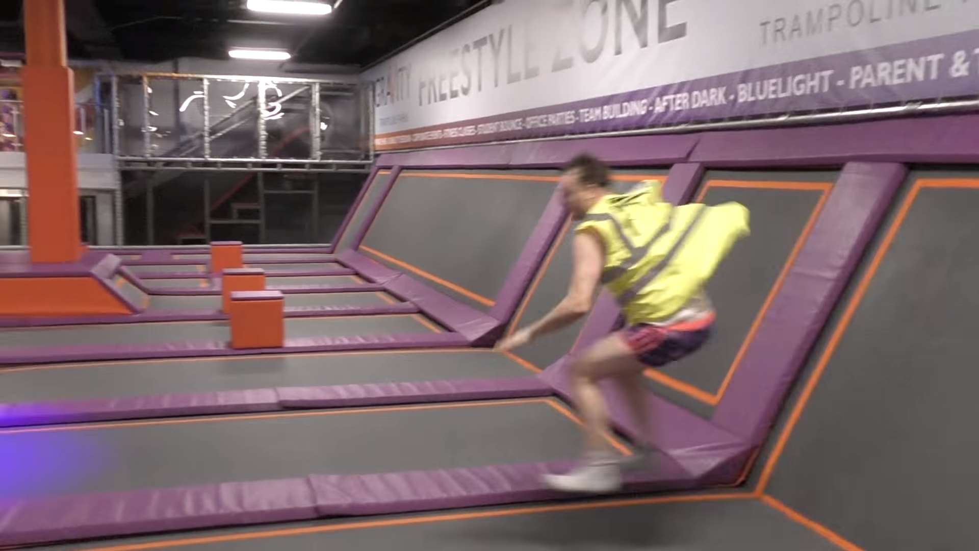 Discoboy bounces around the trampoline park. YouTube: Discoboy