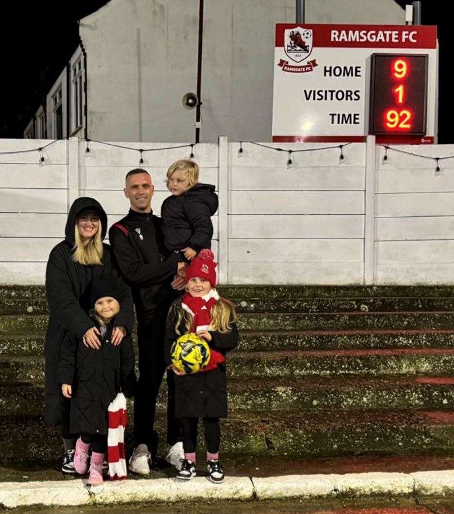 Ramsgate striker Joe Taylor with his fiancee and three kids after scoring four against Phoenix. Picture: @JoeTaylor28/X