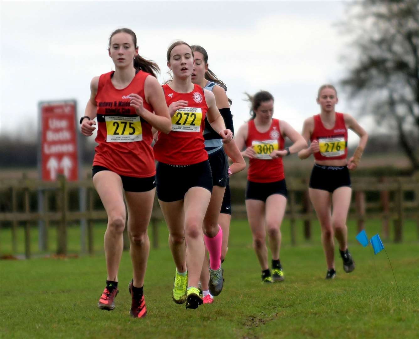 Abigail Hawkes of Medway & Maidstone (No.275) leads Zoe Vallis of Invicta East Kent (No.272) in the under-17 women’s race. Picture: Barry Goodwin